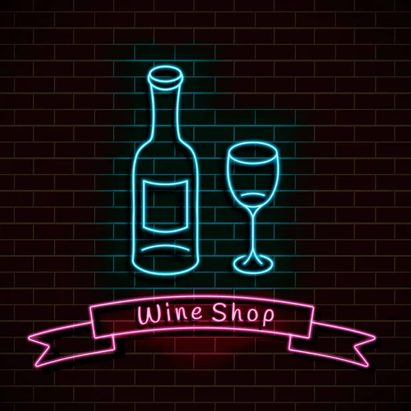 Tienda de vinos. Signo azul neón. banner de luz en una pared de ladrillo. Ilustración vectorial. — Vector de stock