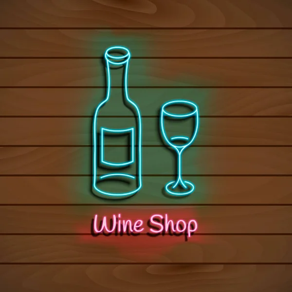 Tienda de vinos. Signo azul neón. banner de luz en una pared de madera. Ilustración vectorial. — Vector de stock