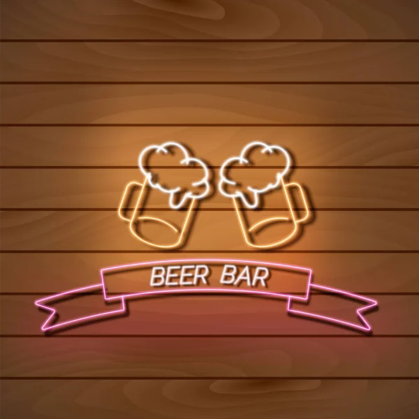 Birra bar banner luce al neon su una parete di legno. Segno arancione e rosa. Elemento retrò realistico decorativo per il web design — Vettoriale Stock