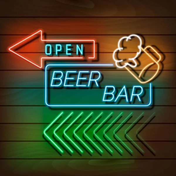 Birra bar banner luce al neon su una parete di legno. Segno blu e arancione. Elemento retrò realistico decorativo per il web design — Vettoriale Stock