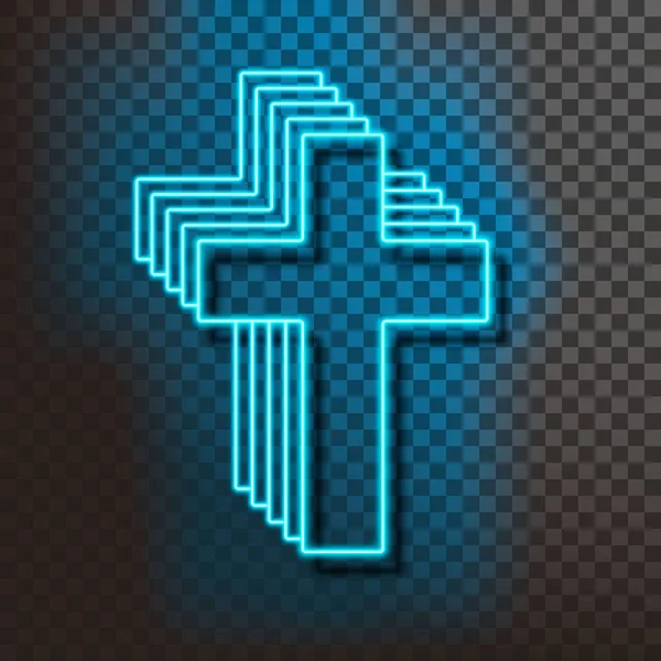 Neonblaues christliches Kreuz auf transparentem Hintergrund. Dekoratives realistisches Retro-Element für Webdesign. — Stockvektor