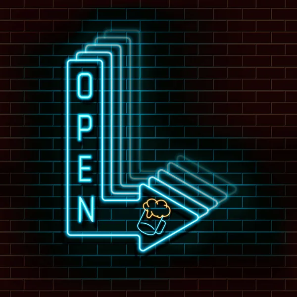 Freccia blu neon con l'iscrizione aperta e un bicchiere di birra su un muro di mattoni. Illustrazione vettoriale. — Vettoriale Stock