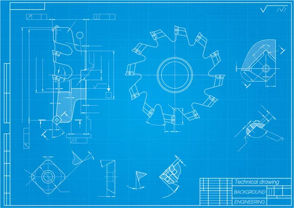 Mavi arka planda makine mühendisliği çizimleri. Kesme aletleri, değirmen kesici. Teknik Tasarım. Koruyun. Ayrıntılı plan.