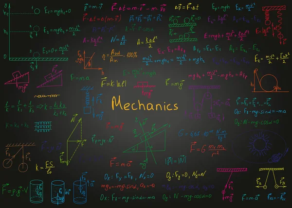 Física fórmulas coloridas desenhadas à mão em um quadro preto para o fundo. Ilustração vetorial — Vetor de Stock
