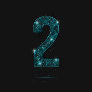 İki numaranın soyut mavi görüntüsü. Çokgen çizimler, gece gökyüzündeki yıldızlara benzer. Ya da cam kırıklarına. Web sitesi, web, internet için dijital tasarım.