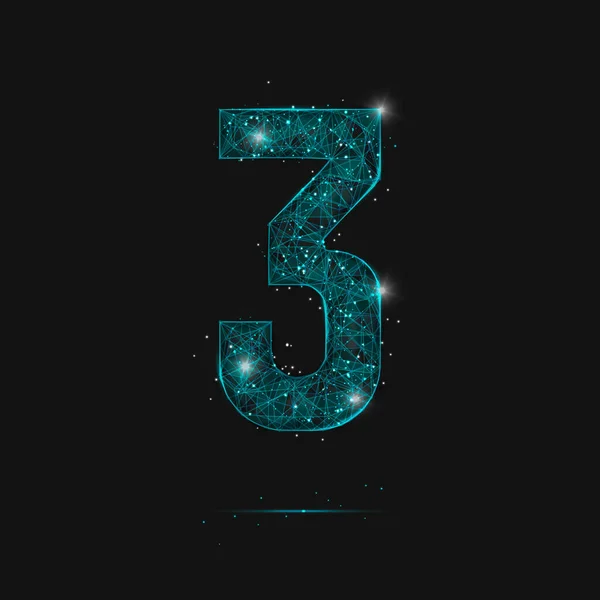 Üç numaranın soyut mavi görüntüsü. Çokgen çizimler, gece gökyüzündeki yıldızlara benzer. Ya da cam kırıklarına. Web sitesi, web, internet için dijital tasarım.