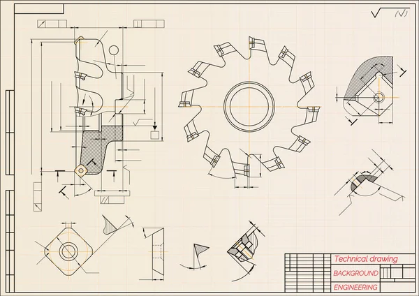 机械工程图纸的米色技术论文背景.刀具，铣刀。工业设计。盖住蓝图。做生意的事矢量说明. — 图库矢量图片