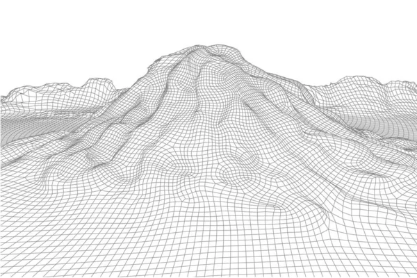 추상 벡터 와이어 프레임 지형 배경. 3D 미래의 메시 산. 80 년 대의 역 일러스트. 사이버 우주 과학 기술 골짜기 — 스톡 벡터