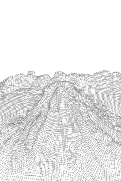 Abstrakter Vektor Wireframe Landschaft Hintergrund. Futuristische 3D-Mesh-Berge. 80er Jahre Retro Illustration. Täler der Cyberspace-Technologie. — Stockvektor