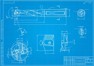 Mavi arka planda makine mühendisliği çizimleri. Matkap aletleri, daha sıkıcı. Teknik Tasarım. Koruyun. Ayrıntılı plan. Vektör illüstrasyonu.