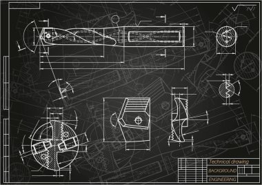 Mavi arka planda makine mühendisliği çizimleri. Matkap aletleri, daha sıkıcı. Teknik Tasarım. Koruyun. Ayrıntılı plan. Vektör illüstrasyonu.