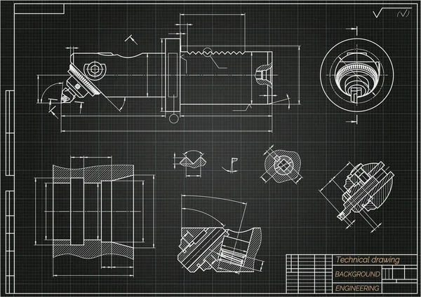 Gépészmérnöki rajzok kék háttérrel. Unalmas bár mikrometrikus beállítással. Technikai tervezés. Fedezz! Tervrajz. Vektorillusztráció. — Stock Vector