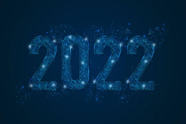 Yeni yıl 2022 'nin soyut mavi görüntüsü. Çokgen düşük poligonometrik kablo çizimi, gece gökyüzündeki yıldızlara benzer. Dijital ağ, internet tasarımı.