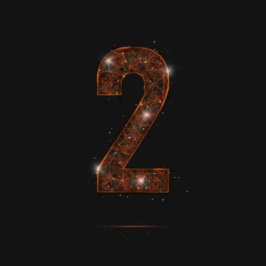 İki numaranın soyut turuncu görüntüsü. Çokgen çizimler, gece gökyüzündeki yıldızlara benzer. Ya da cam kırıklarına. Web sitesi, web, internet için dijital tasarım.