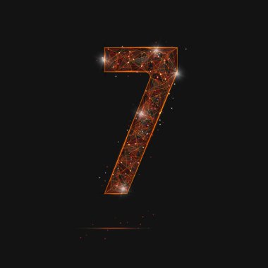 Yedi numaranın soyut turuncu görüntüsü. Çokgen çizimler, gece gökyüzündeki yıldızlara benzer. Ya da cam kırıklarına. Web sitesi, web, internet için dijital tasarım.
