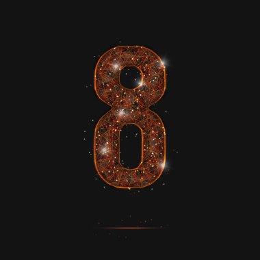Sekiz numaranın soyut turuncu görüntüsü. Çokgen çizimler, gece gökyüzündeki yıldızlara benzer. Ya da cam kırıklarına. Web sitesi, web, internet için dijital tasarım.