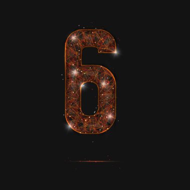 Altı numaranın soyut turuncu görüntüsü. Çokgen çizimler, gece gökyüzündeki yıldızlara benzer. Ya da cam kırıklarına. Web sitesi, web, internet için dijital tasarım.