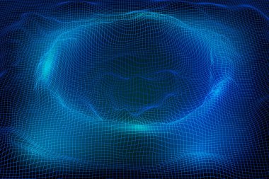 Soyut vektör kablo çerçevesi arkaplanı. Üç boyutlu fütüristik örgü dağları. 80 'lerin Retro çizimi. Siber uzay teknolojisi vadileri.