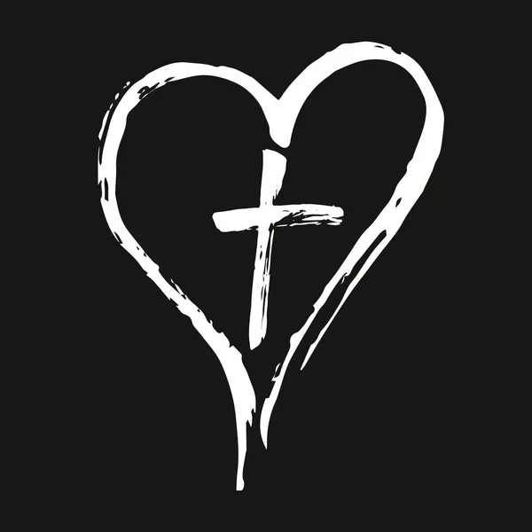 Християнський білий хрест і серце, намальовані пензлем, ізольовані символи на чорному тлі. — стоковий вектор