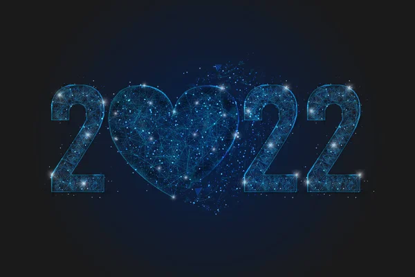 2022 numaralı yeni yılın soyut mavi görüntüsü. Çokgen düşük poligonometrik kablo çizimi gece gökyüzündeki yıldızlara benzer..
