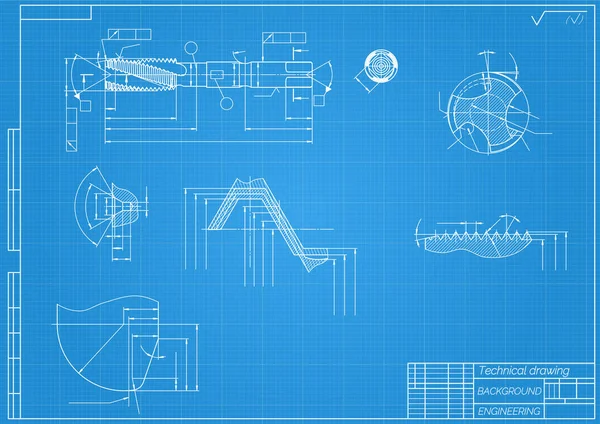 Desenhos de engenharia mecânica em fundo azul. Tap tools, borer. Design técnico. Cobertura. Planta. Ilustração vetorial. —  Vetores de Stock