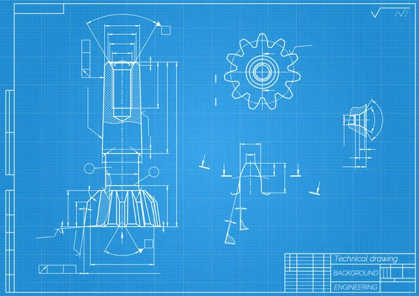 Disegni di ingegneria meccanica su sfondo blu. Tocca gli attrezzi, noioso. Progettazione tecnica. Copri. Un progetto. Illustrazione vettoriale. — Vettoriale Stock