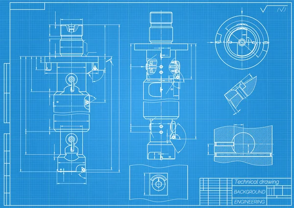 Rysunki inżynierii mechanicznej na niebieskim tle. Narzędzia stukania, nudziarzu. Projekt techniczny. Kryć się. Plan. Ilustracja wektora. — Wektor stockowy