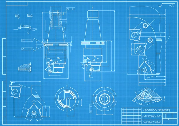 Maschinenbauzeichnungen auf blauem Hintergrund. Bohrwerkzeuge, Bohrmaschine. Technisches Design. Deckel drauf. Blaupause. Vektorillustration. — Stockvektor