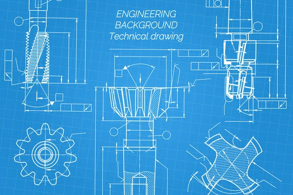 蓝色背景的机械工程图纸。踢踏舞工具，穴居人。技术设计。盖住蓝图。矢量说明. — 图库矢量图片