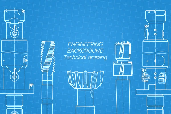 Mavi arka planda makine mühendisliği çizimleri. Musluk aletleri, daha sıkıcı. Teknik Tasarım. Koruyun. Ayrıntılı plan. Vektör illüstrasyonu.
