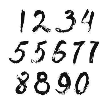 İzole edilmiş beyaz arka planda siyah fırçayla boyanmış kaligrafik sayılar kümesi. Tasarımın için mektup. Vektör illüstrasyonu.