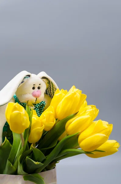 Gri arka plan üzerinde Paskalya bunny ve Sarı laleler