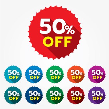 İndirim şablonu. % 50 indirim etiketi. % 50 indirimli çok renkli etiket izole edilmiş vektör illüstrasyonu. İndirim etiketi, sembol, rozet, perakende reklam kampanyası simgesi.