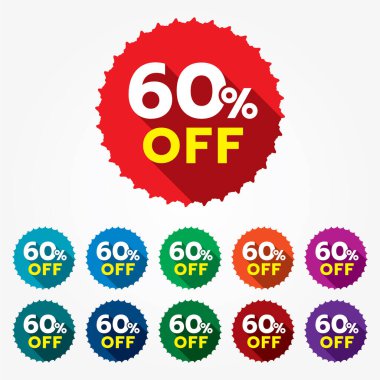 İndirim şablonu. % 60 indirim etiketi. % 60 indirimli çok renkli etiket izole edilmiş vektör illüstrasyonu. İndirim etiketi, sembol, rozet, perakende reklam kampanyası simgesi.