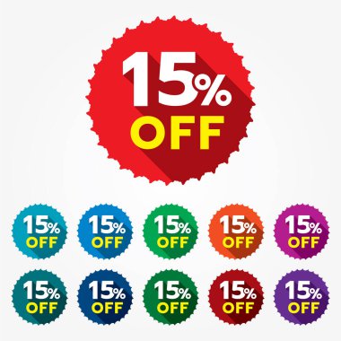 İndirim şablonu. % 15 indirim etiketi. % 15 indirimli çok renkli etiket izole edilmiş vektör illüstrasyonu. İndirim etiketi, sembol, rozet, perakende reklam kampanyası simgesi.