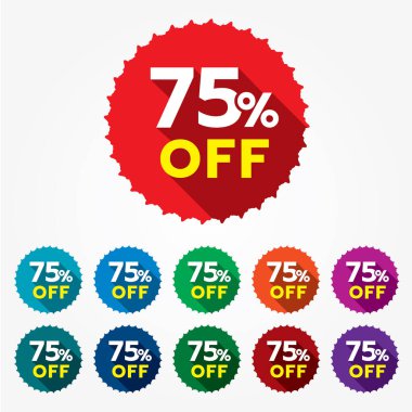 İndirim şablonu. % 75 indirim etiketi. % 75 indirimli çok renkli etiket izole edilmiş vektör illüstrasyonu. İndirim etiketi, sembol, rozet, perakende reklam kampanyası simgesi.
