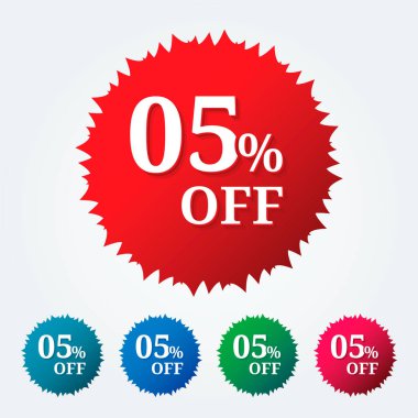 İndirim etiketi% 5 indirimli. İndirimli satış etiketi izole edilmiş vektör çizimi. % 5 indirim etiketi, etiket, imza, sembol, reklam kampanyası için amblem.