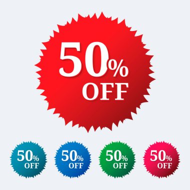 İndirim etiketi% 50 indirimli. İndirimli satış etiketi izole edilmiş vektör çizimi. % 50 indirimli indirim etiketi, etiket, imza, sembol, reklam kampanyası amblemi.