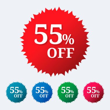 İndirim etiketi% 55 indirimli. İndirimli satış etiketi izole edilmiş vektör çizimi. % 55 indirimli indirim etiketi, etiket, imza, sembol, reklam kampanyası amblemi.