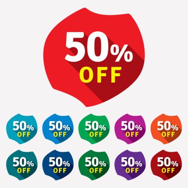 İndirim% 50 indirimli, beyaz arka planda. % 50 indirim etiketi, etiket, etiket, imza, sembol, reklam kampanyası amblemi.