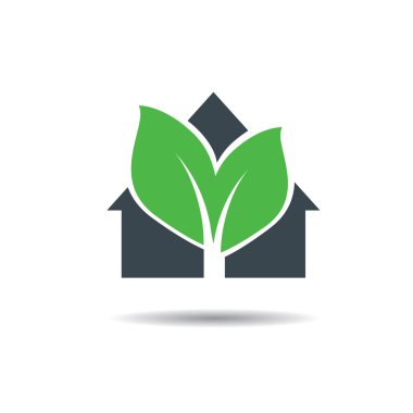 Siyah vektör evi ve yeşil yapraklar. Vektör simgesi.