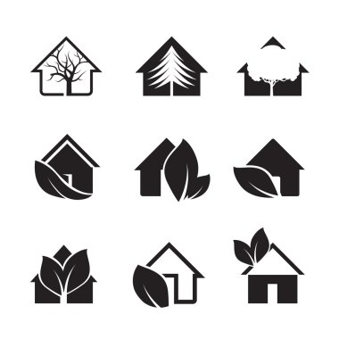 Gri vektör evler ve yeşil yaprak. Vektör simgesi.