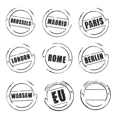 Siyah Grunge pullar, Avrupa şehirler. Madrid, Paris, Londra, Roma, Berlin, Varşova,