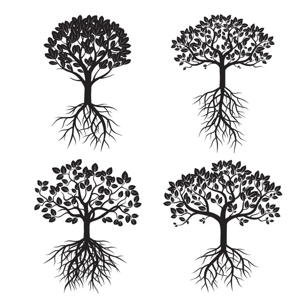 Set di alberi neri e radici. Illustrazione vettoriale . — Vettoriale Stock