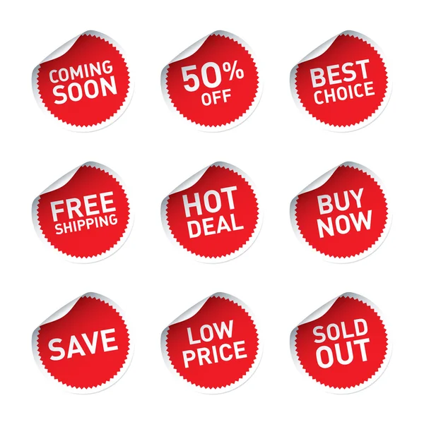 Röd vektor klistermärken och Text Hot Deal, Köp nu, bästa valet, spara — Stock vektor