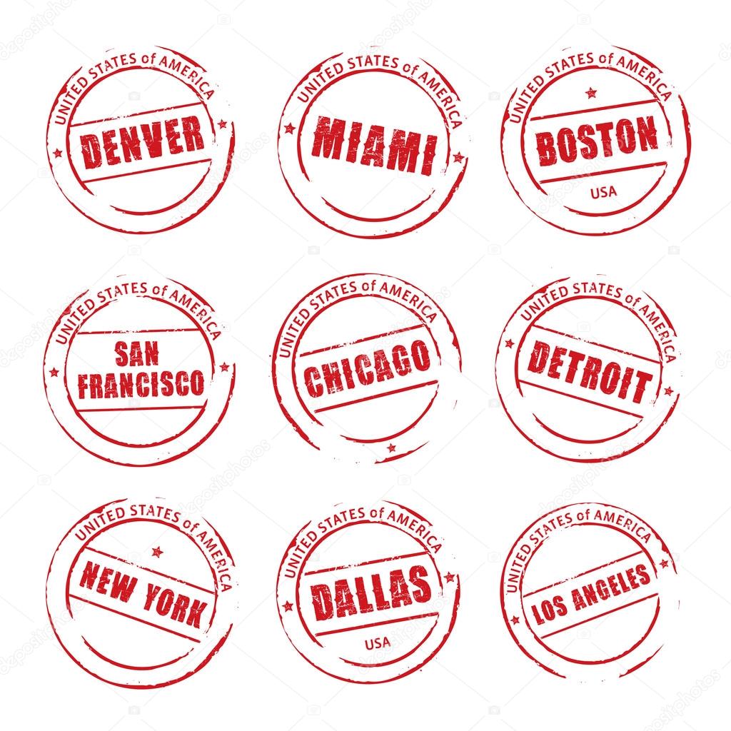 Red vector grunge stamp, American Cities. Denver, Miami, Boston,