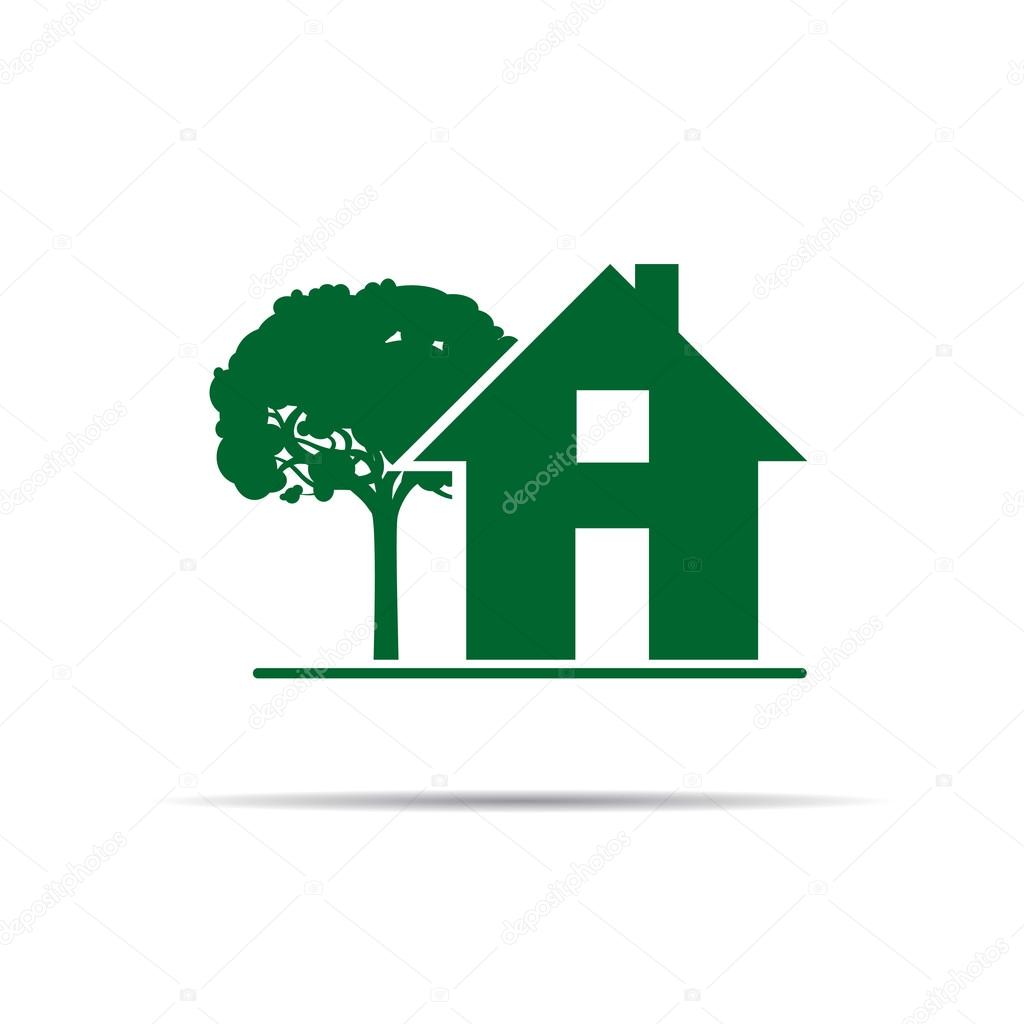 Green Vector House and Tree. Vector Icon.