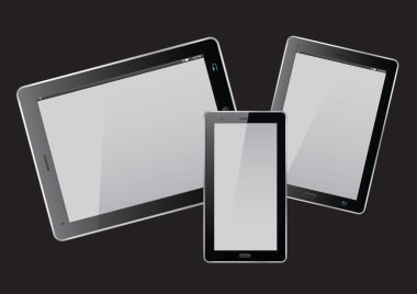 Tabletler ve siyah arka plan üzerine akıllı telefon. Vektör çizim