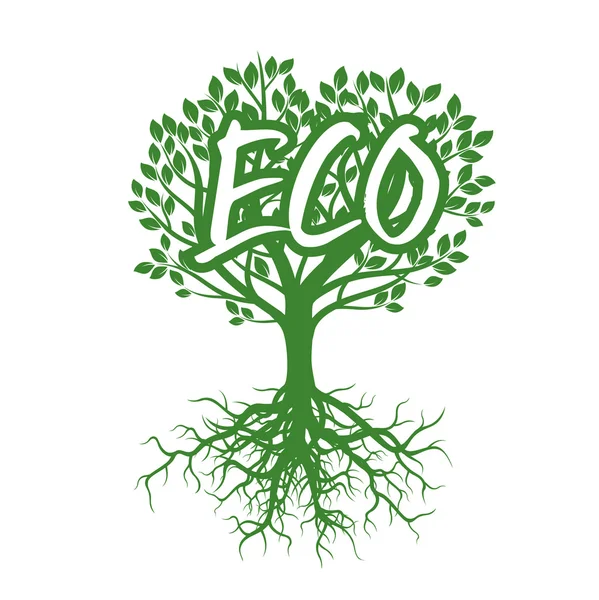 Σχήμα πράσινο δέντρο, ρίζες και Eco. Vector εικονογράφηση. — Διανυσματικό Αρχείο