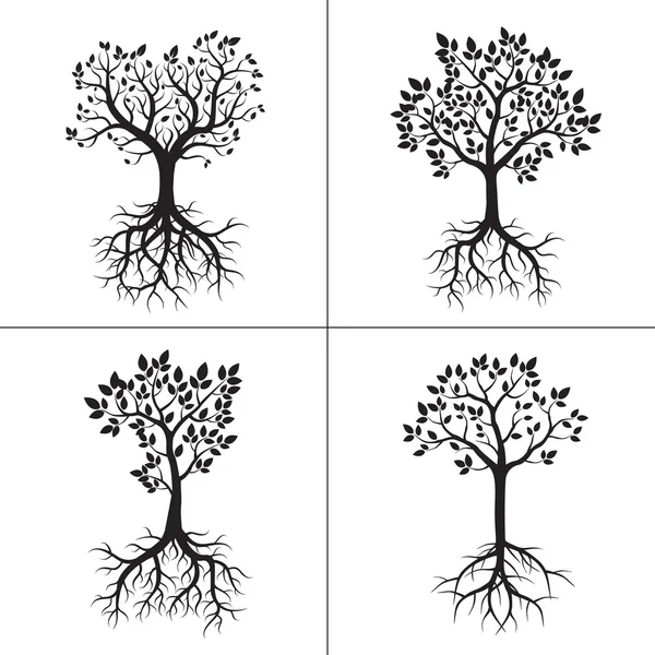 Фігури дерев, коріння і листя. Векторні ілюстрації. — стоковий вектор